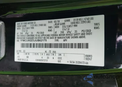 2018 Ford Escape Se из США, поврежденный, VIN 1FMCU9GD3JUB62175